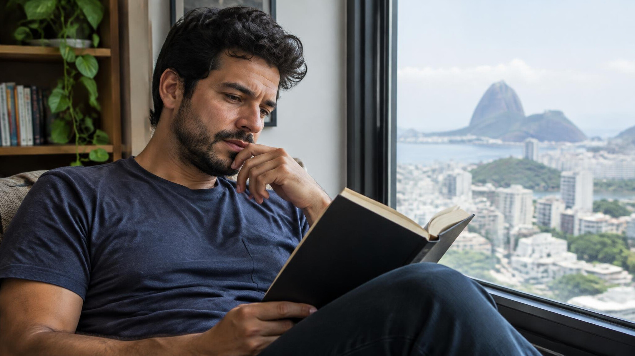 Person reading a book thoughtfully by a window