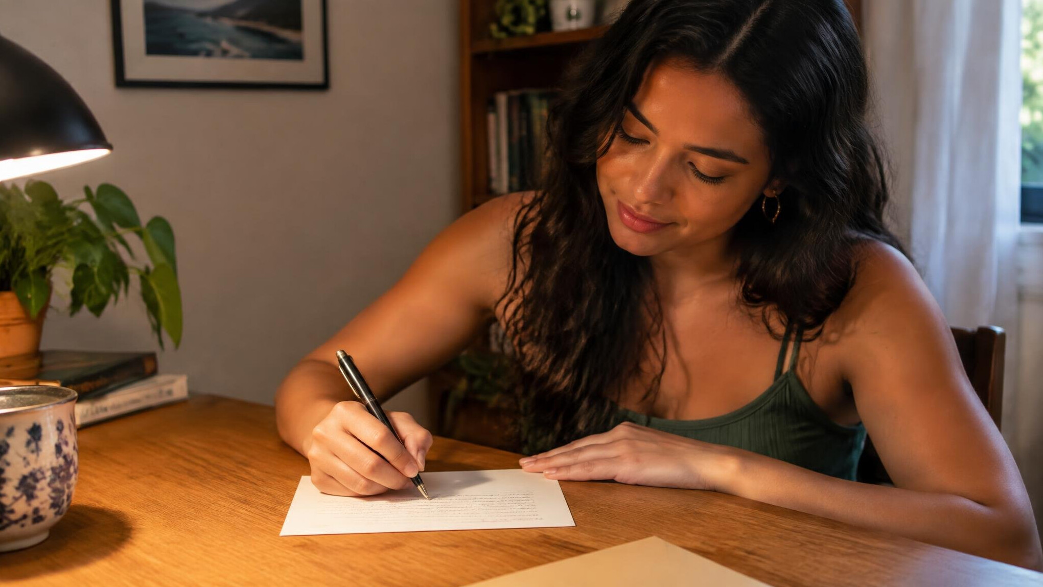 Person writing a letter by hand at a wooden desk